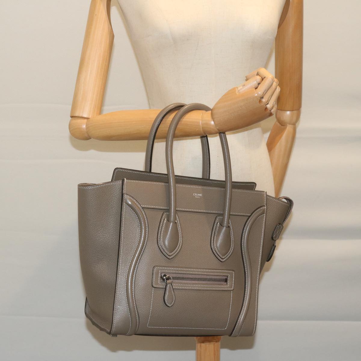 CELINE Luggage Micro Shopper Tote Bag Leather Gray Auth 62915A