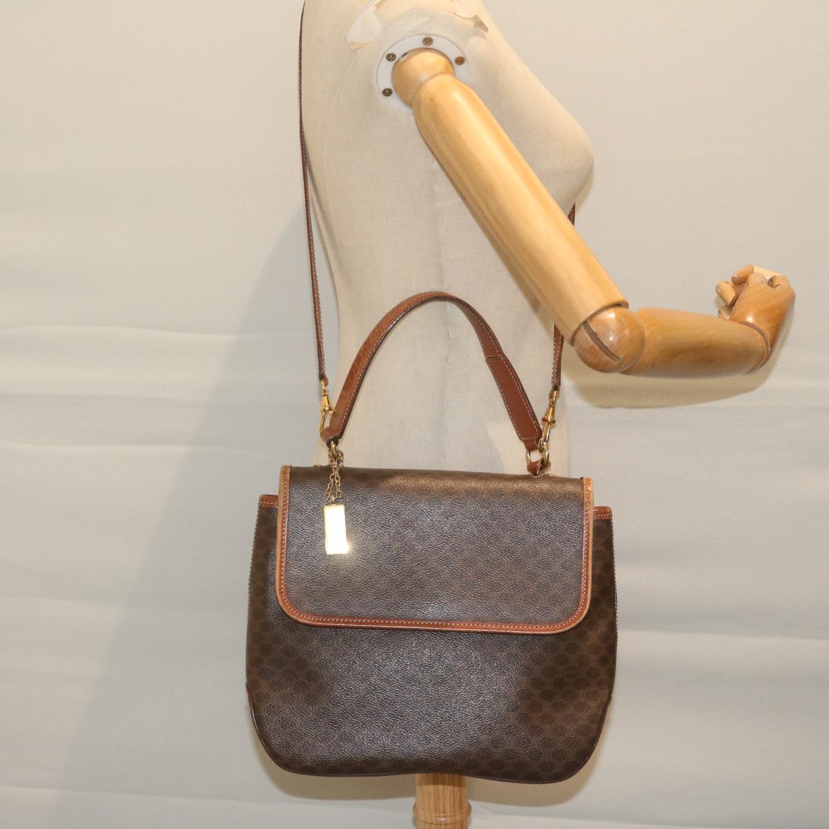 CELINE Macadam Canvas Hand Bag PVC Leather 2way Brown Auth 62941