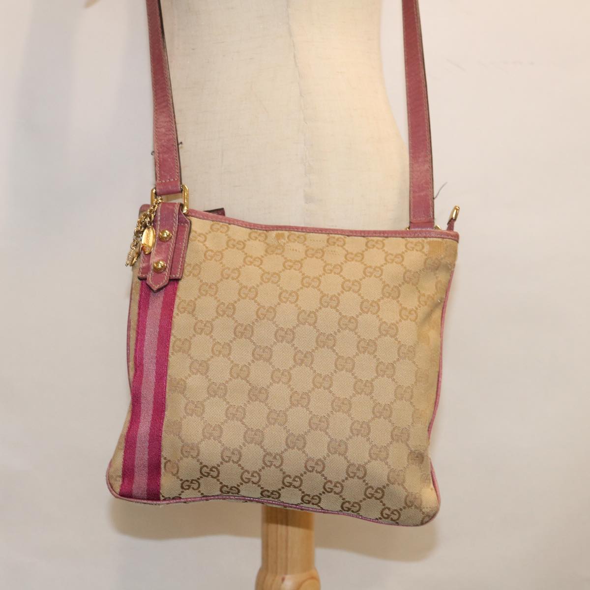 GUCCI Sherry Line GG Canvas Shoulder Bag Beige Purple Pink 144388 Auth 63388