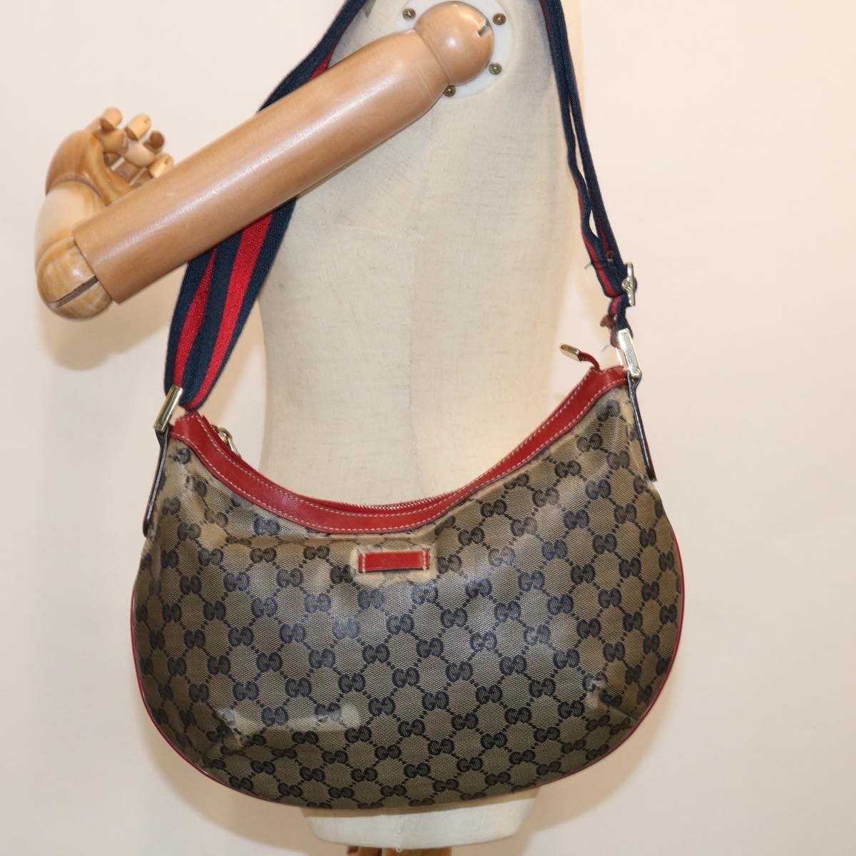 GUCCI GG Crystal Sherry Line Shoulder Bag Red Navy 181092 Auth 63389