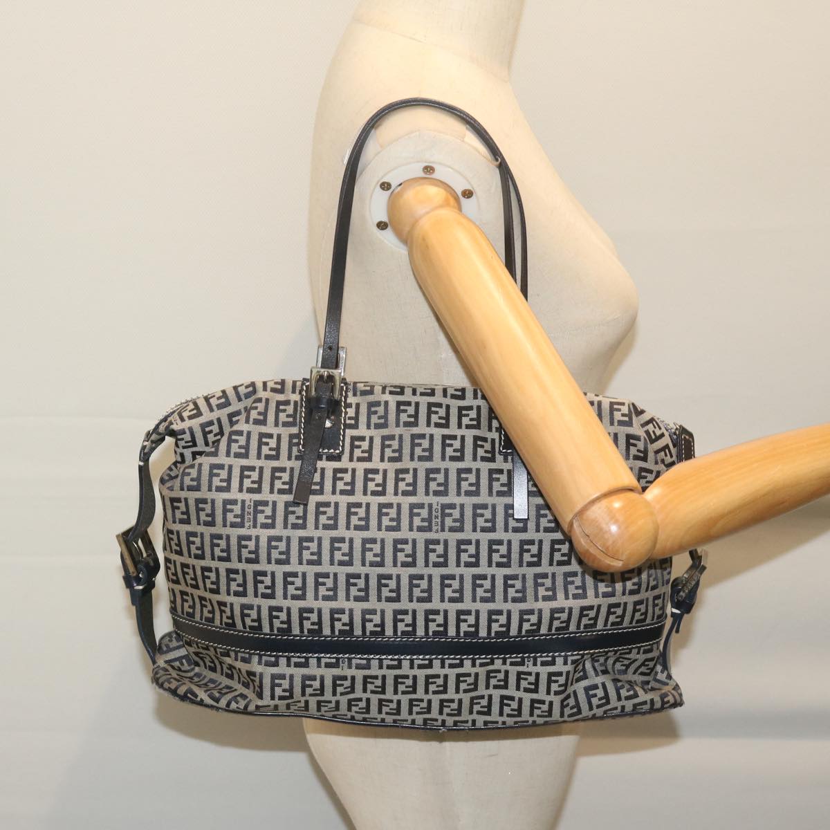 FENDI Zucchino Canvas Shoulder Bag Navy Auth 63396