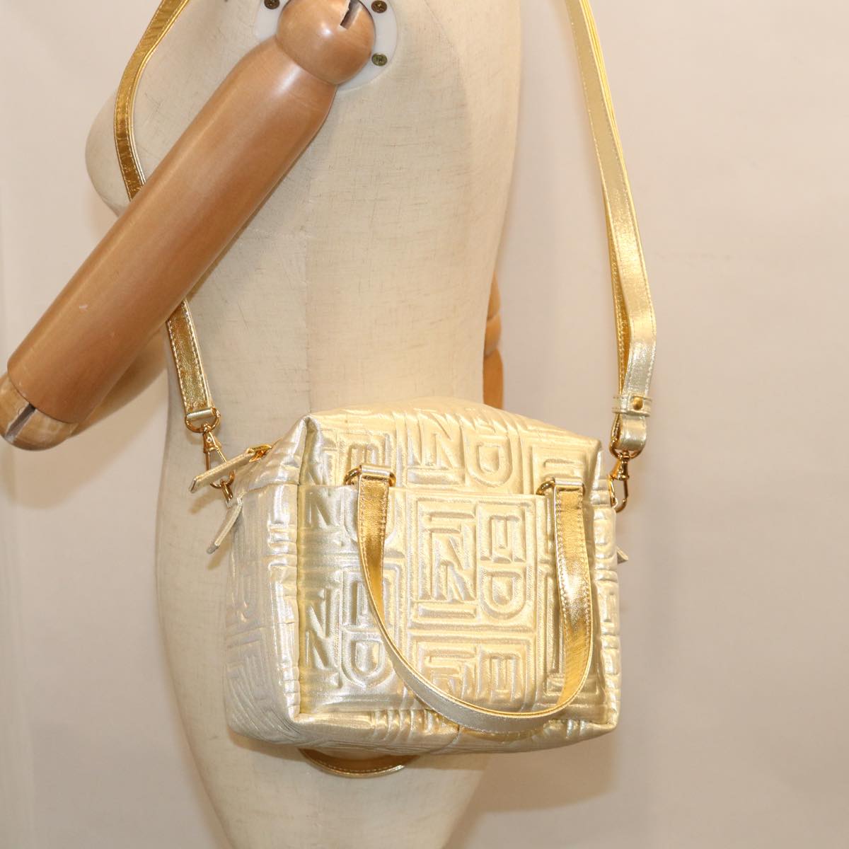 FENDI Hand Bag Nylon 2way Gold Auth 63497A