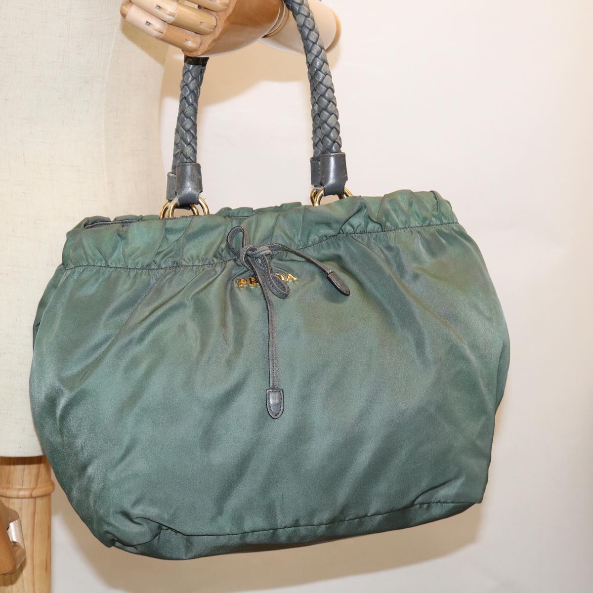 PRADA Hand Bag Nylon Green Auth 63527