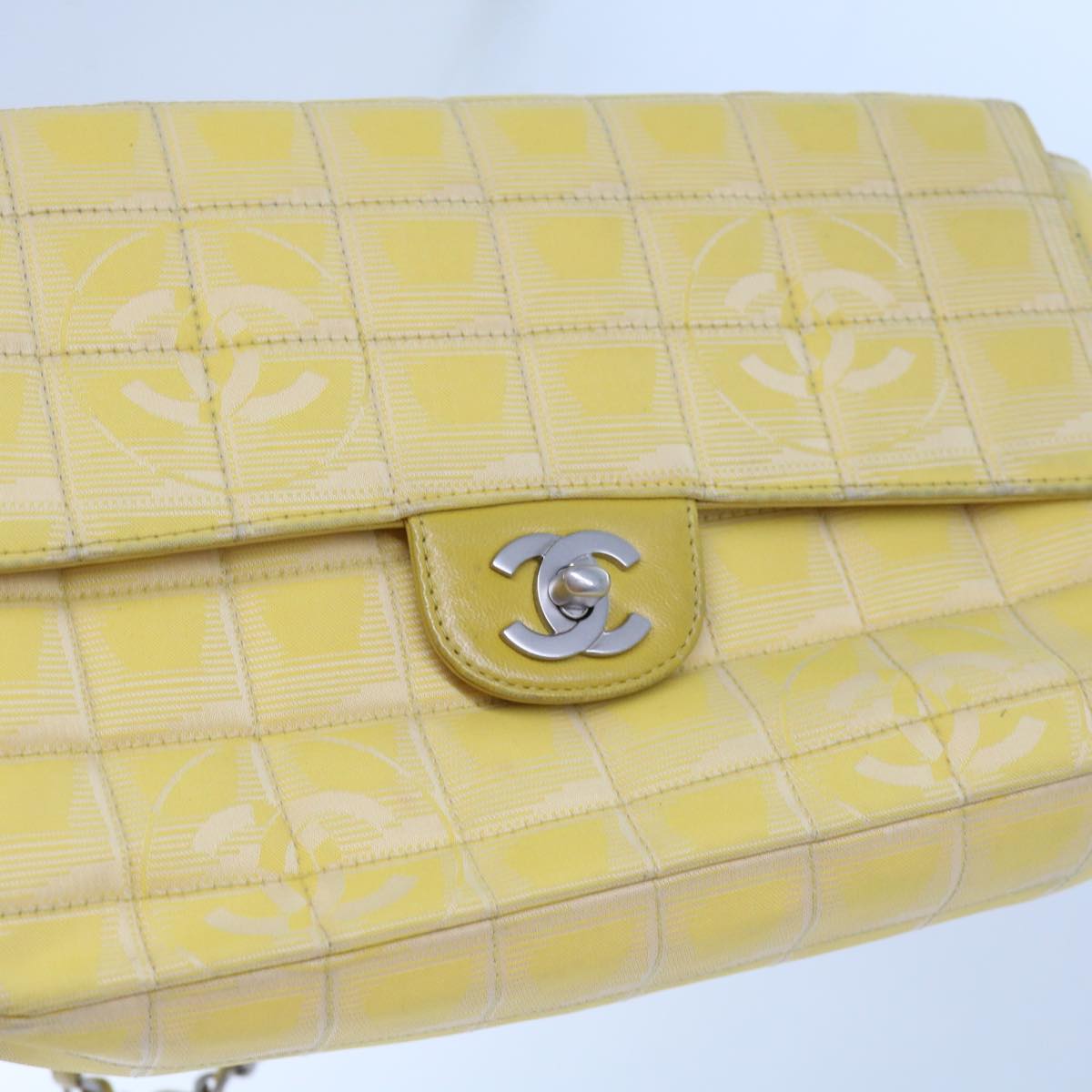 CHANEL Choco Bar New Travel Line Turn Lock Chain Bag Nylon Yellow CC Auth 63801