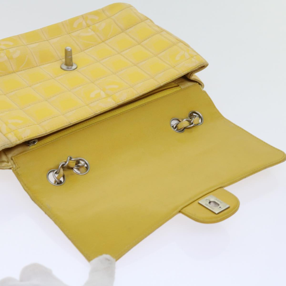 CHANEL Choco Bar New Travel Line Turn Lock Chain Bag Nylon Yellow CC Auth 63801