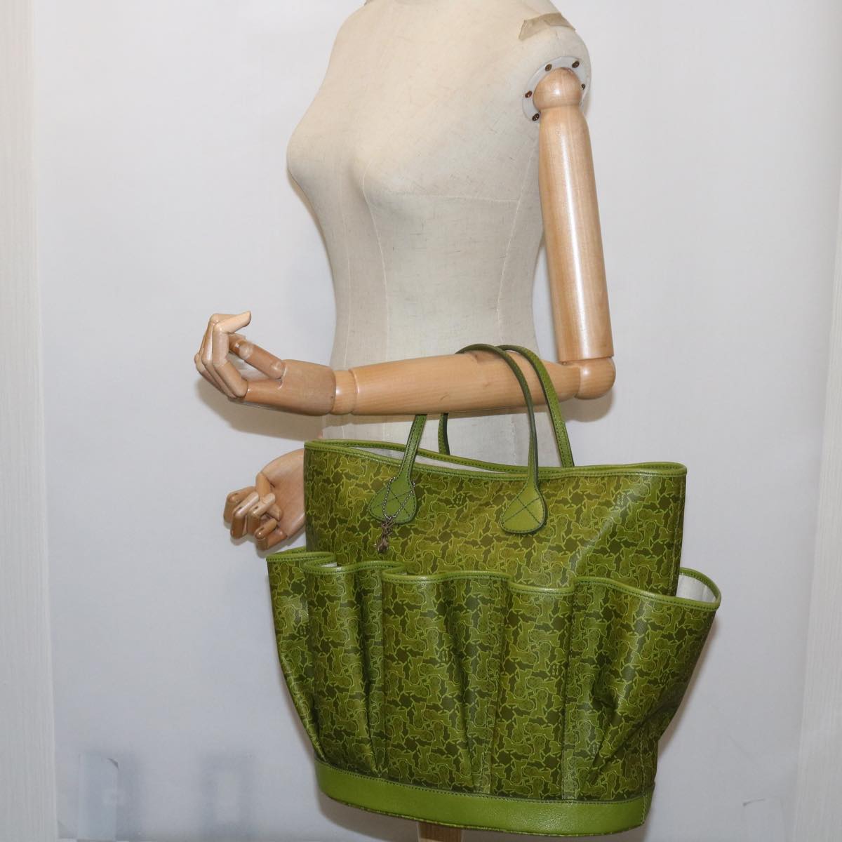CELINE Horse Carriage Macadam Canvas Tote Bag Green Auth 64256