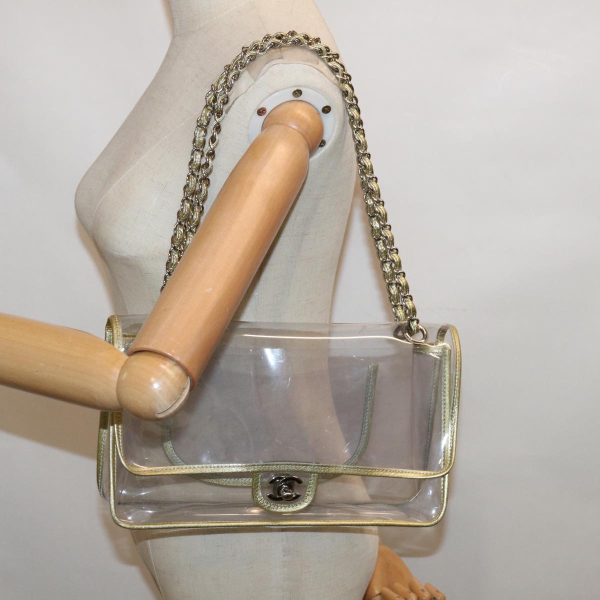 CHANEL Chain Shoulder Bag Vinyl Gold Clear CC Auth 64551A