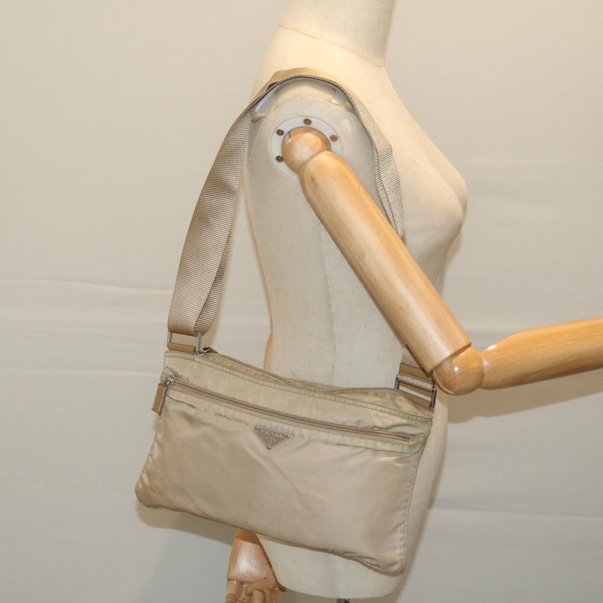 PRADA Shoulder Bag Nylon Beige Auth 64646