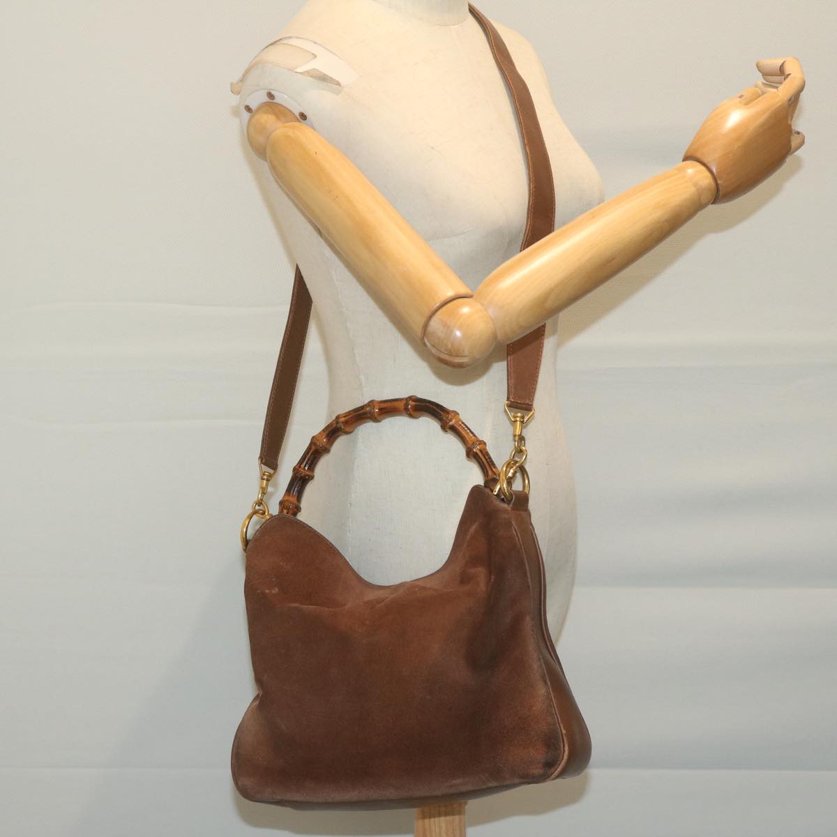 GUCCI Bamboo Shoulder Bag Suede 2way Brown Auth 64867