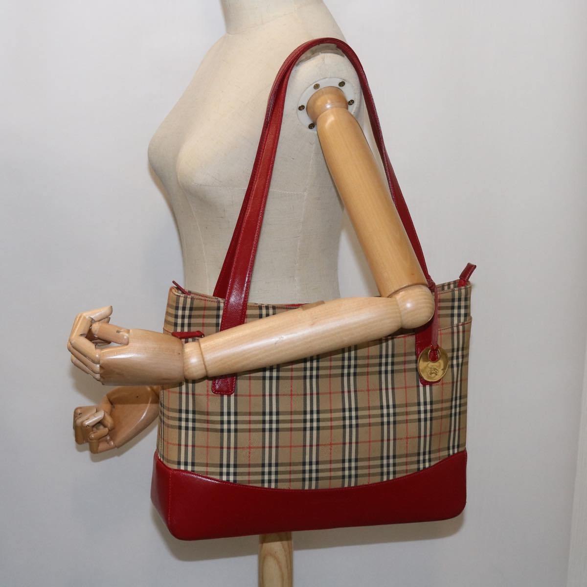 BURBERRY Nova Check Tote Bag Canvas Leather Beige Auth 65063