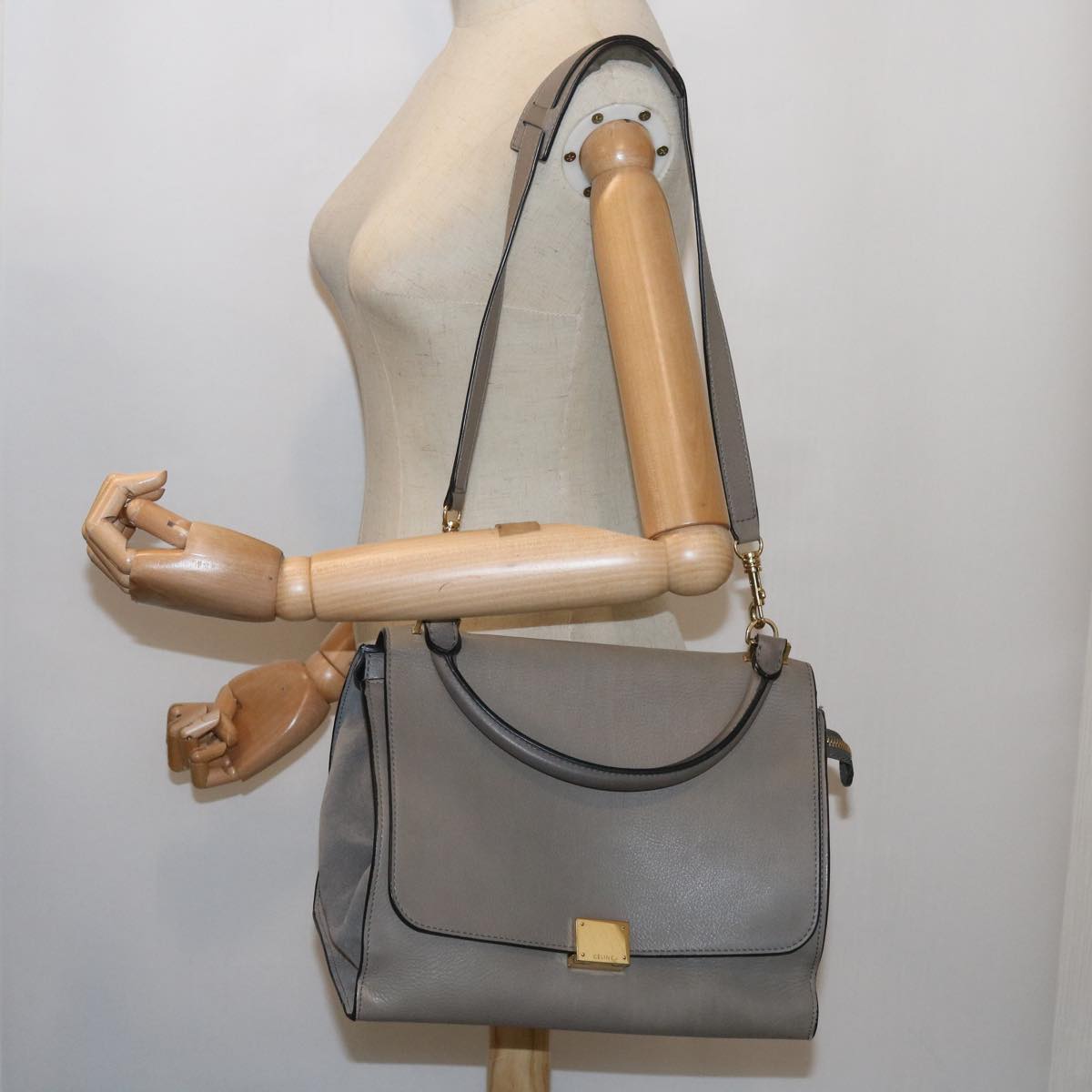 CELINE Trapeze Hand Bag Leather 2way Gray Auth 65125