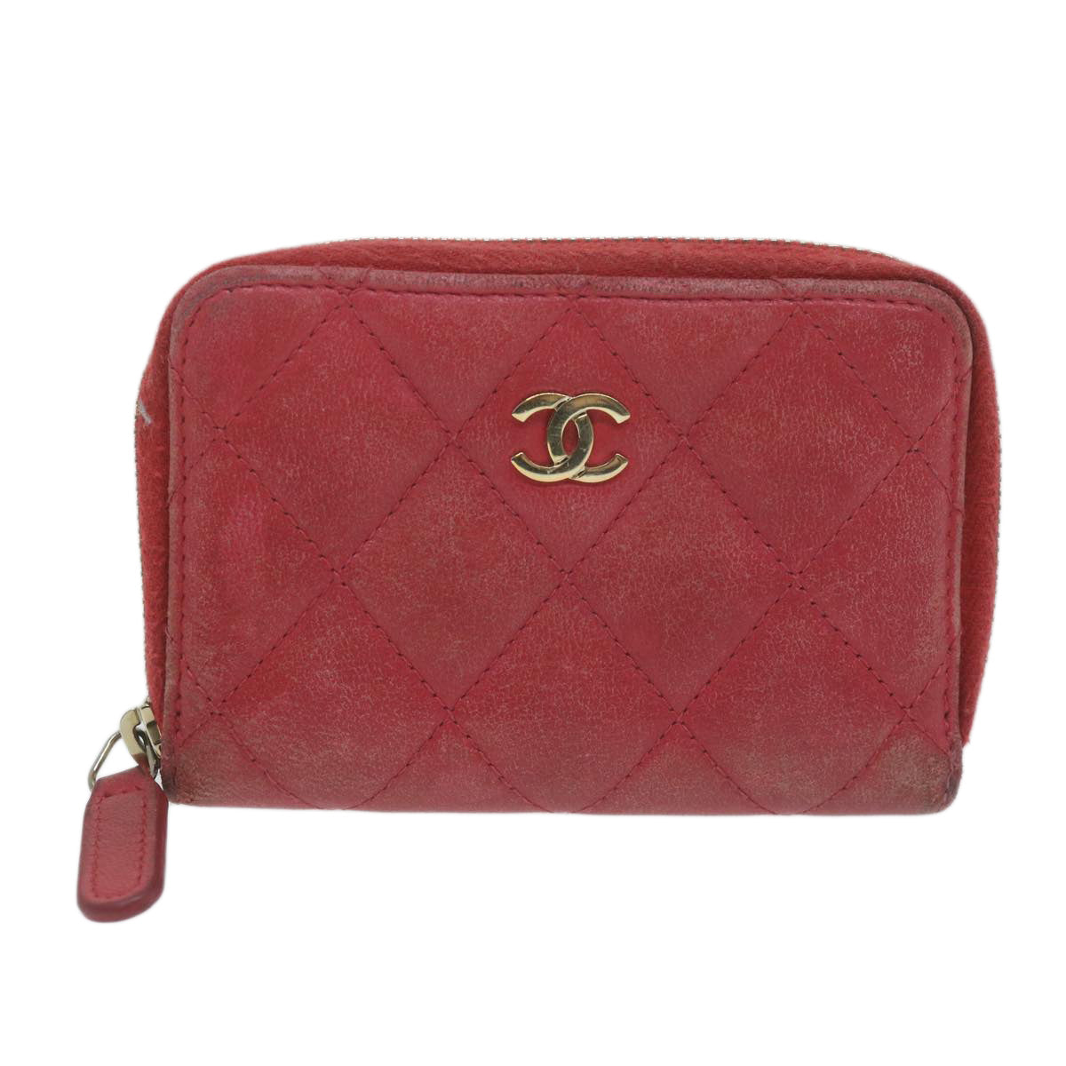 CHANEL Matelasse Coin Purse Lamb Skin Red CC Auth 65239