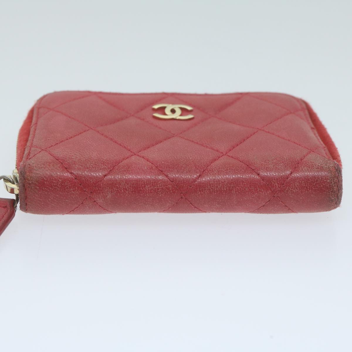 CHANEL Matelasse Coin Purse Lamb Skin Red CC Auth 65239