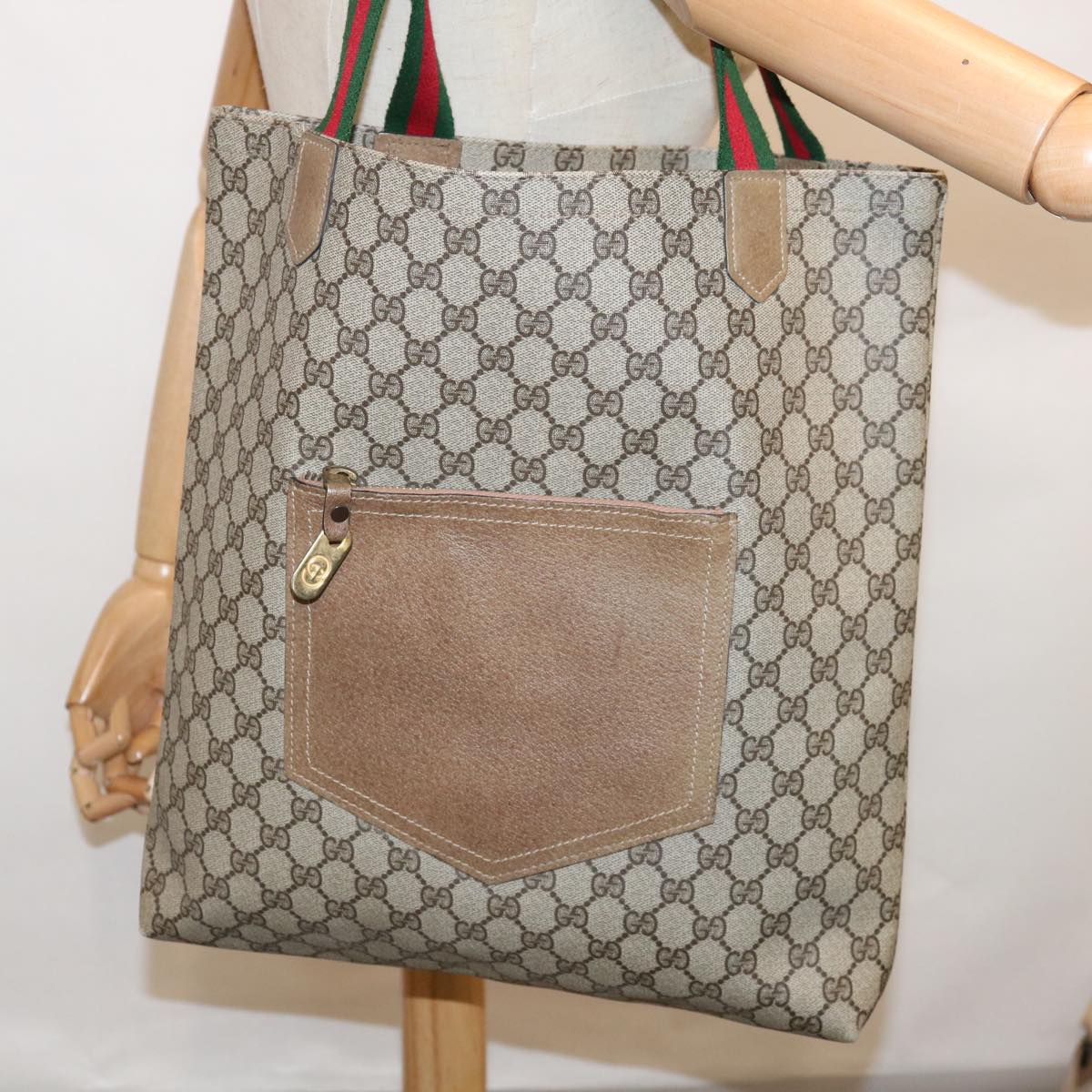 GUCCI GG Supreme Web Sherry Line Shoulder Bag Beige Green Red Auth 65304