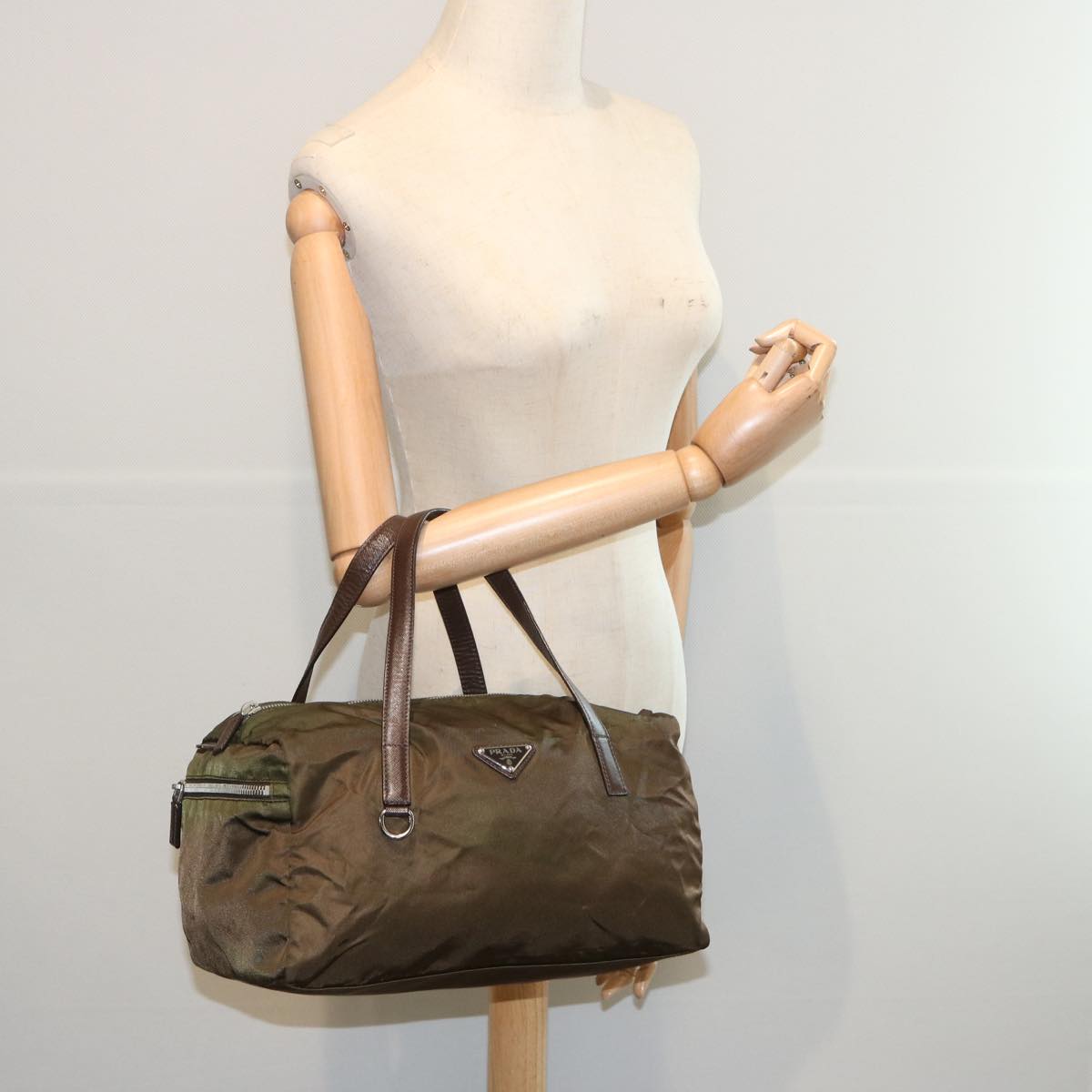 PRADA Hand Bag Nylon Khaki Auth 65372