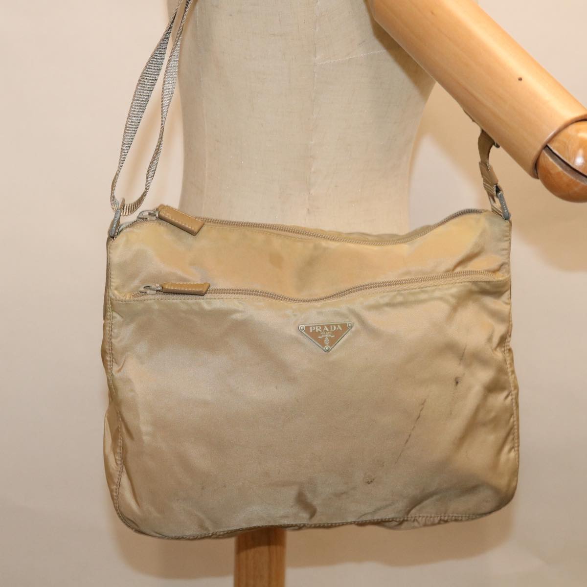 PRADA Shoulder Bag Nylon Beige Auth 65373