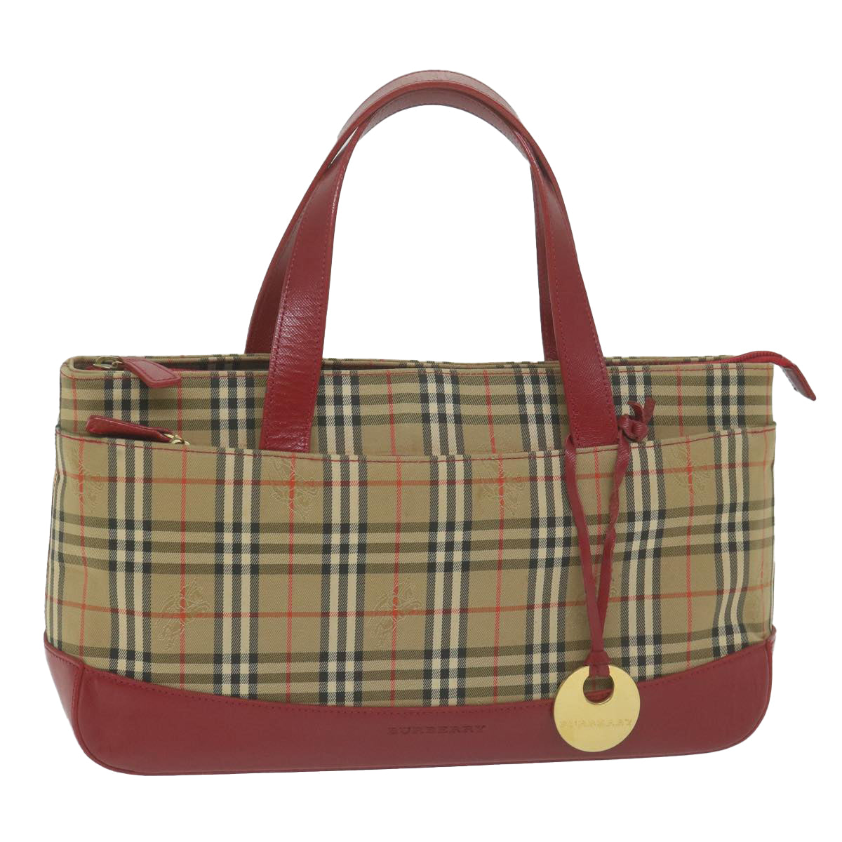 BURBERRY Nova Check Hand Bag Canvas Beige Red Auth 65428