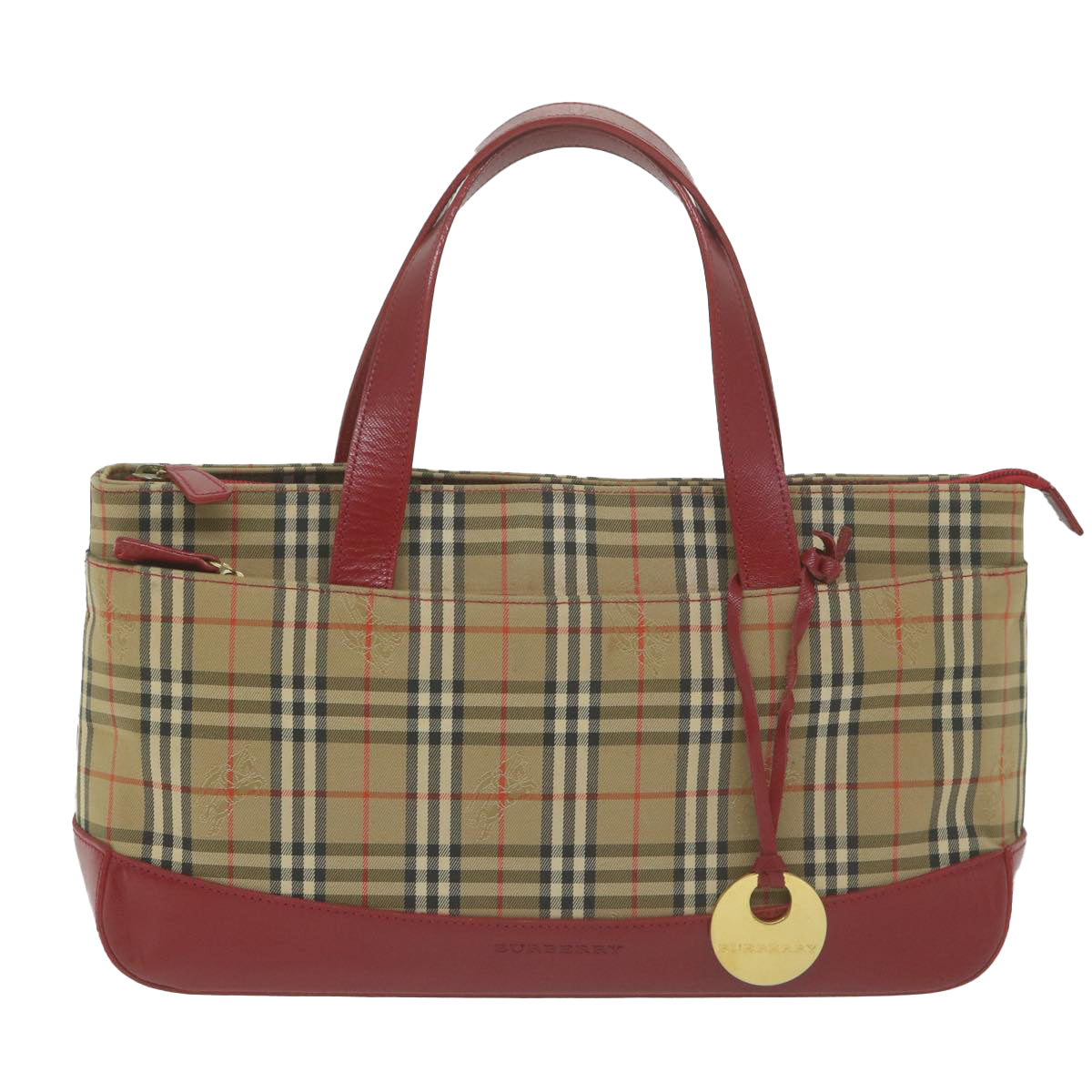 BURBERRY Nova Check Hand Bag Canvas Beige Red Auth 65428