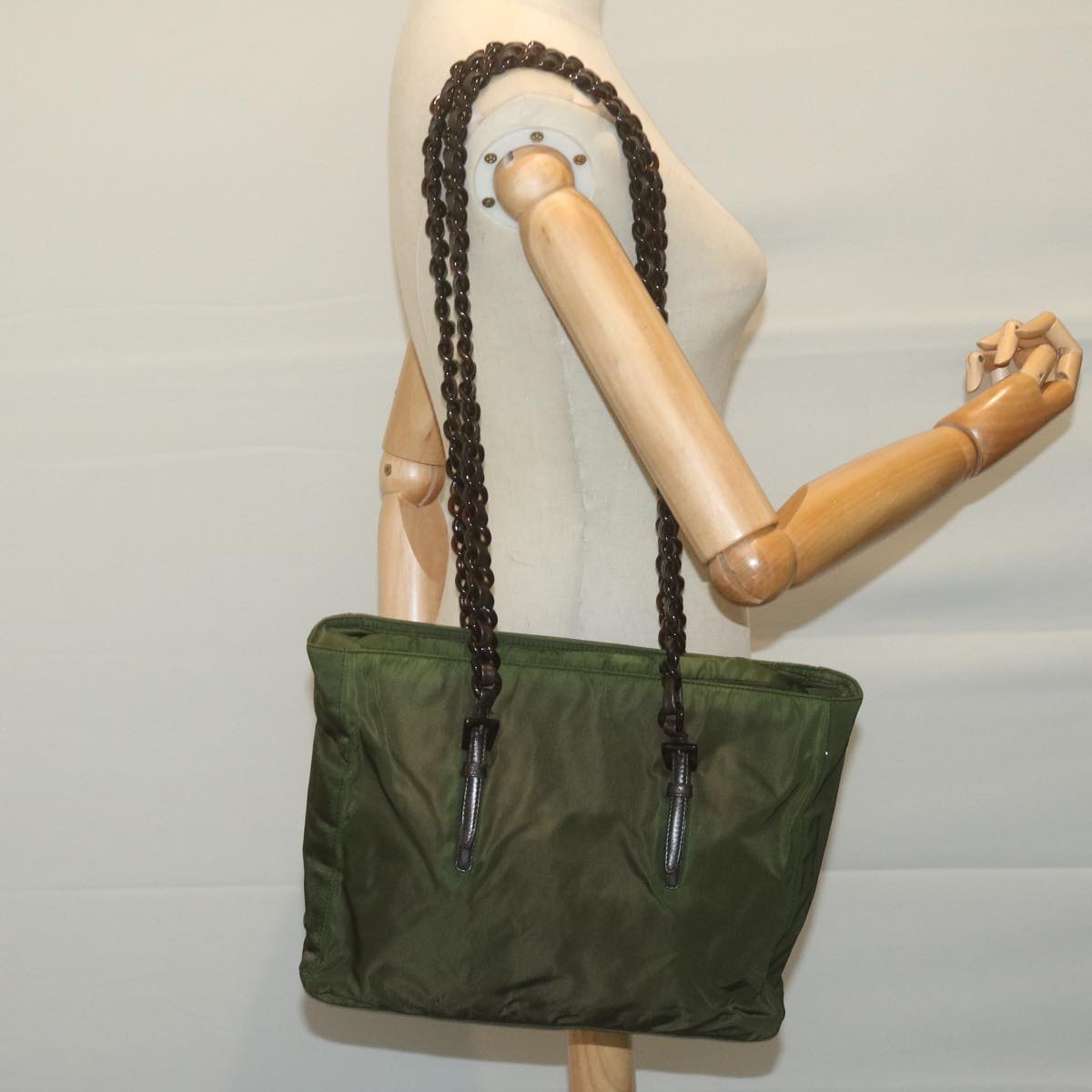 PRADA Chain Tote Bag Nylon Khaki Auth 65437