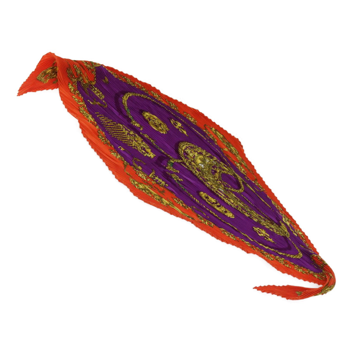 HERMES Carre Pleated LES CAVALIERS D'OR Scarf Silk Purple Orange Auth 65451 - 0