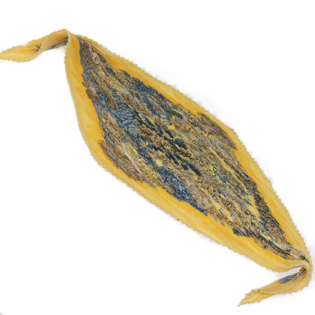 HERMES Carre Pleated L’Ile Deserte Scarf Silk Yellow Auth 65452 - 0