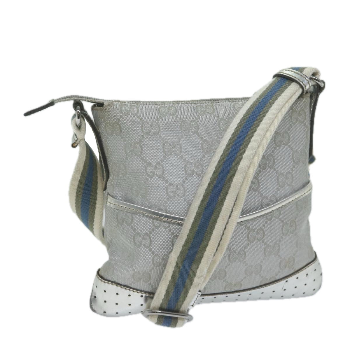 GUCCI GG Canvas Sherry Line Shoulder Bag Silver Blue gray 147671 Auth 65500