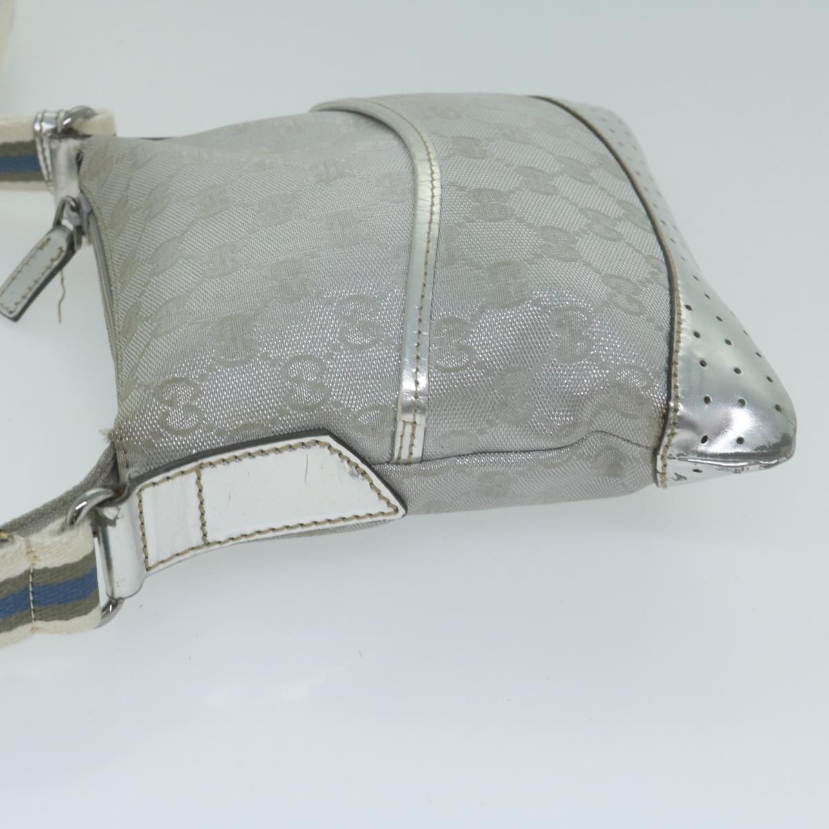 GUCCI GG Canvas Sherry Line Shoulder Bag Silver Blue gray 147671 Auth 65500