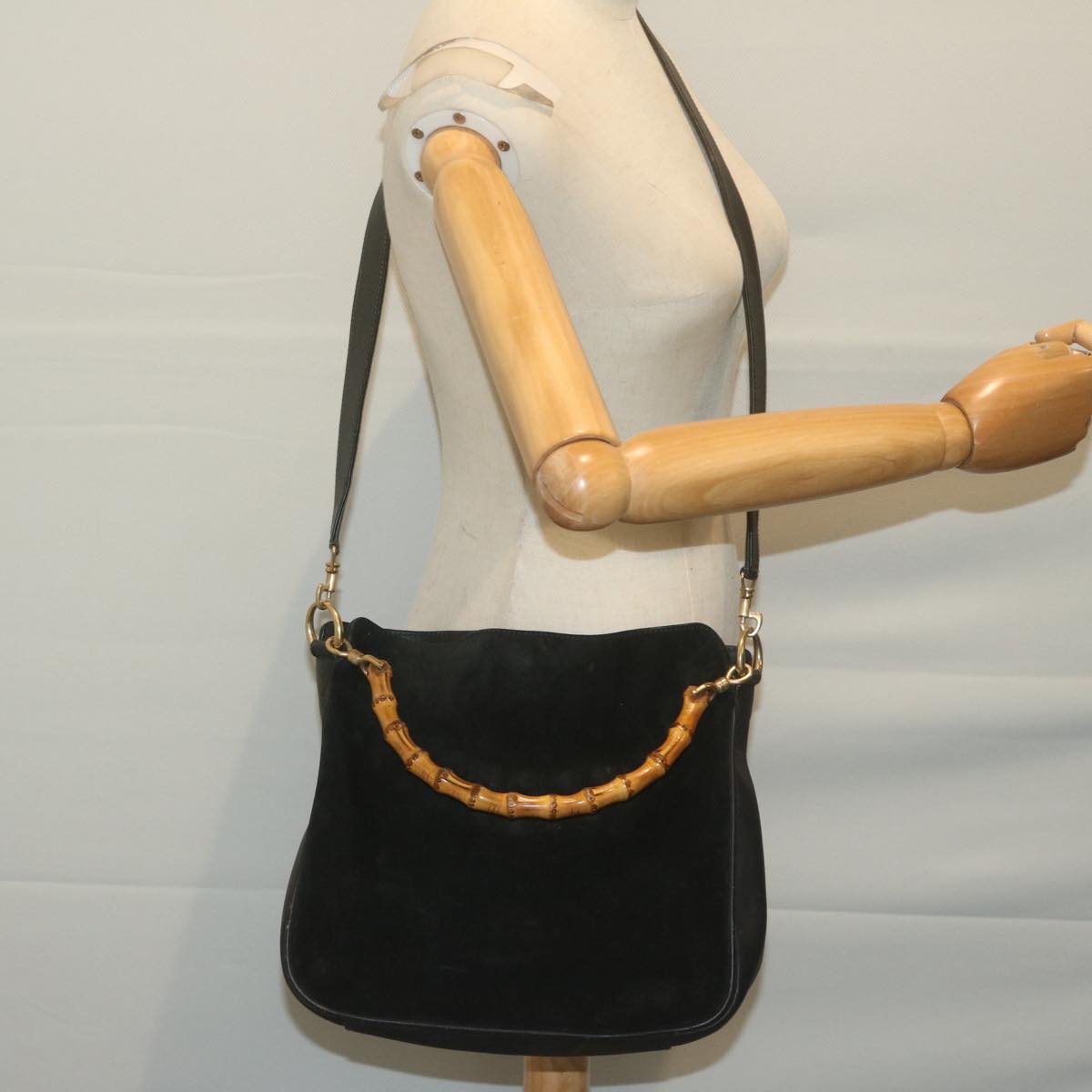 GUCCI Bamboo Shoulder Bag Suede 2way Black Auth 65563