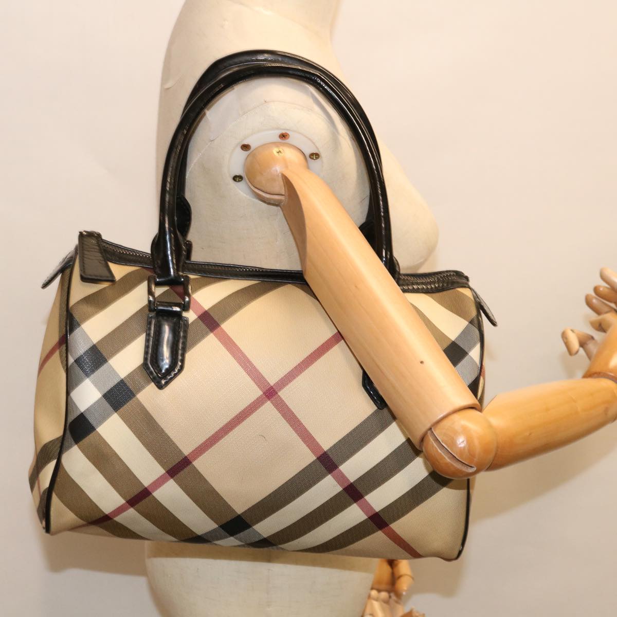 BURBERRY Nova Check Boston Bag PVC Beige Black Auth 65574