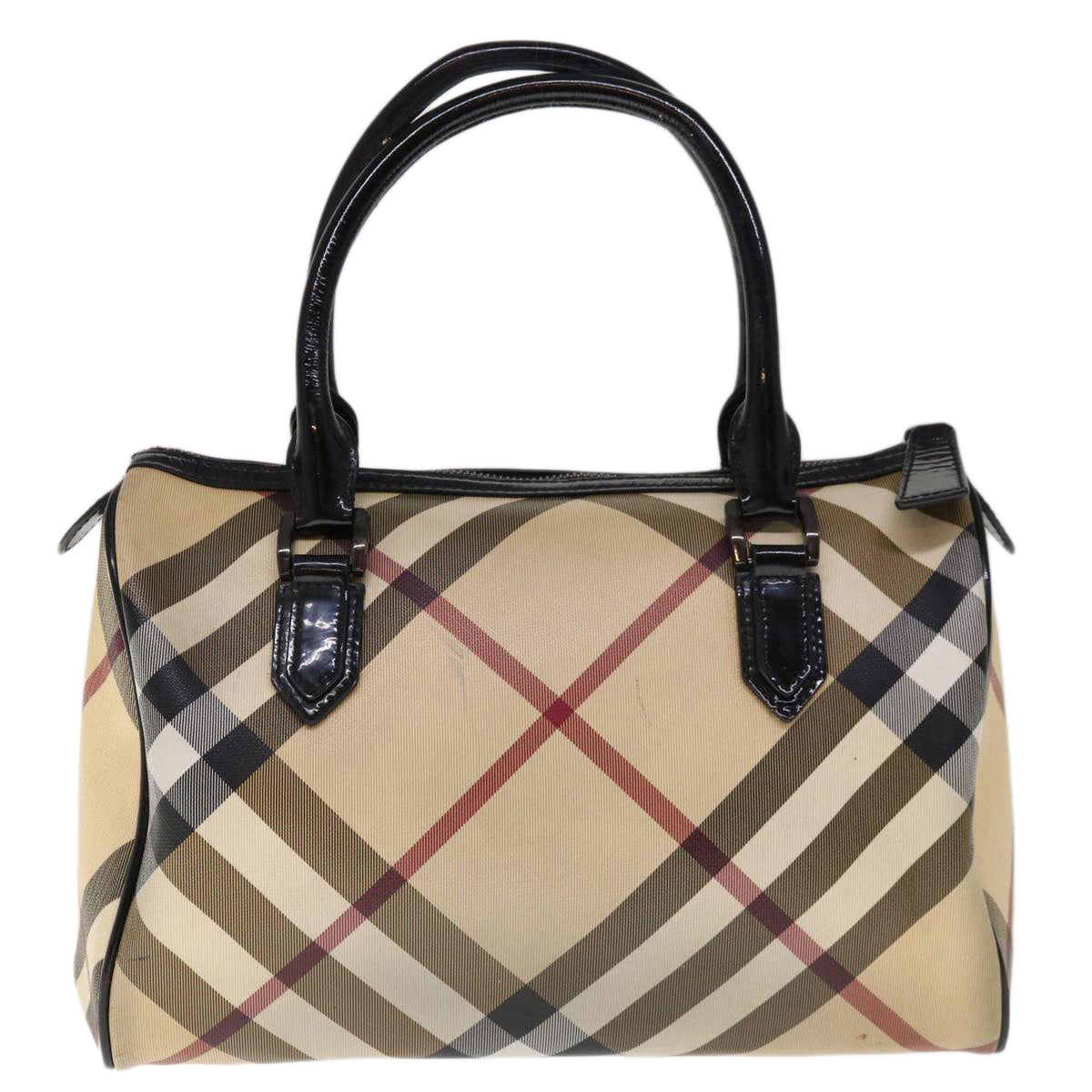 BURBERRY Nova Check Boston Bag PVC Beige Black Auth 65574