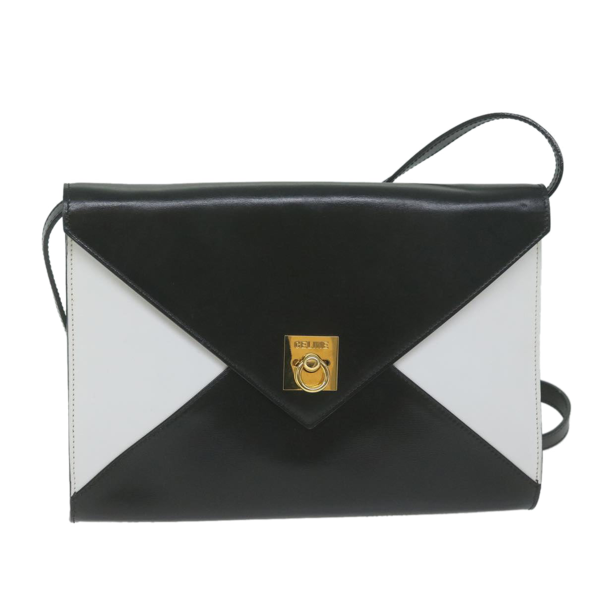 CELINE Clutch Bag Leather 2way White Black Auth 65641