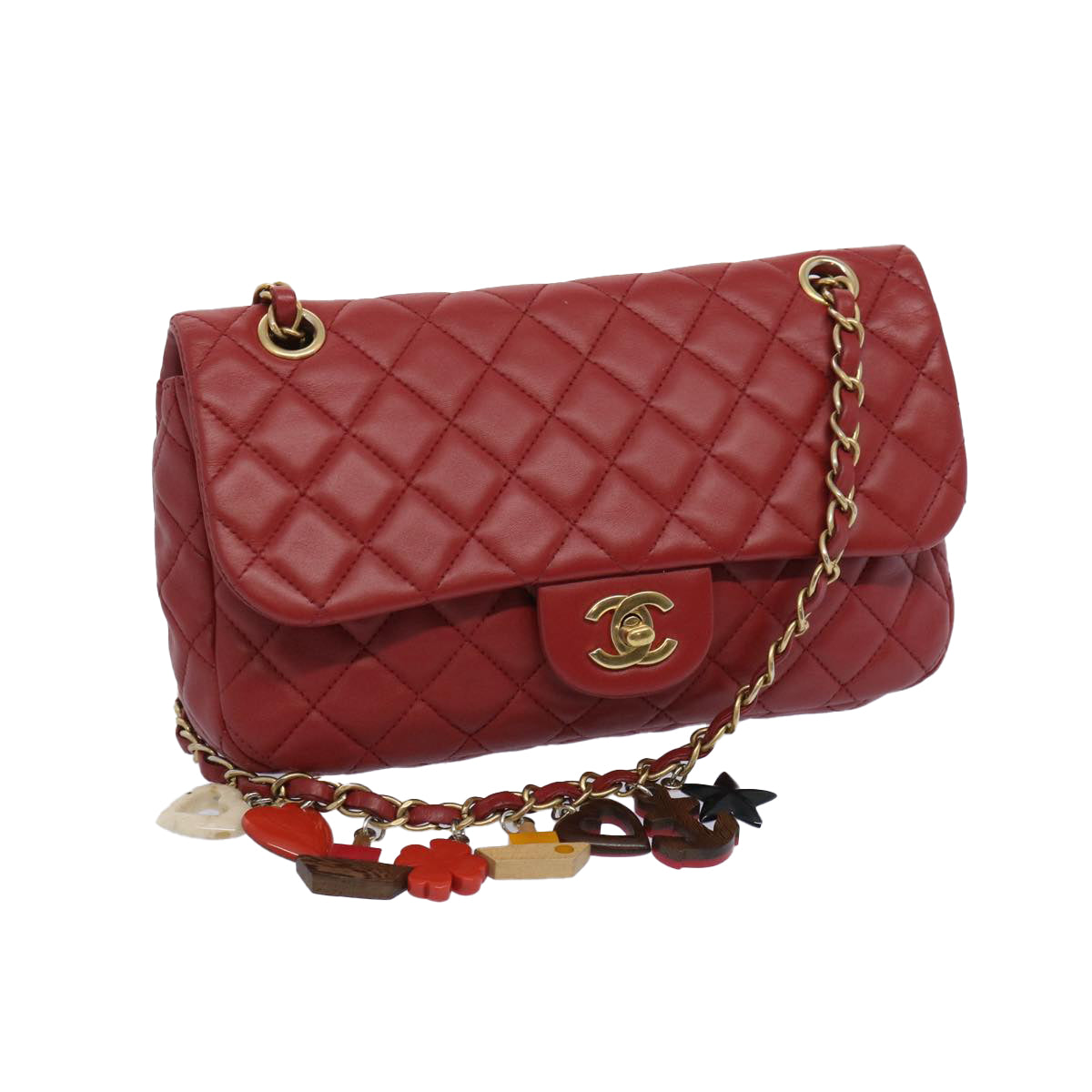 CHANEL Matelasse Chain Shoulder Bag Leather Red CC Auth 65726A