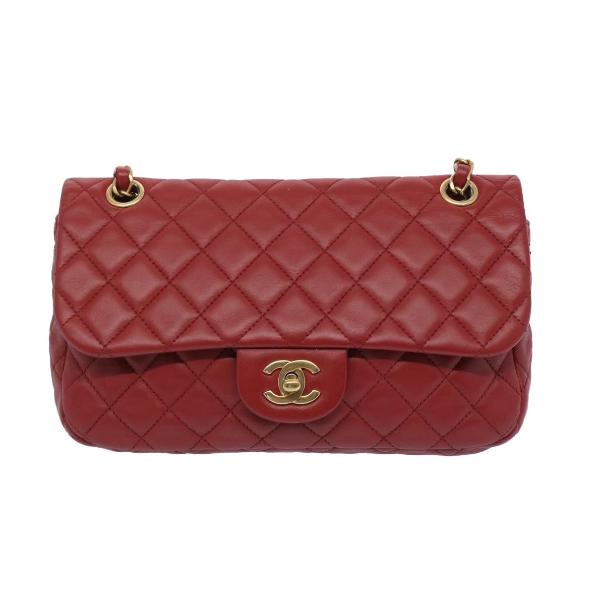 CHANEL Matelasse Chain Shoulder Bag Leather Red CC Auth 65726A