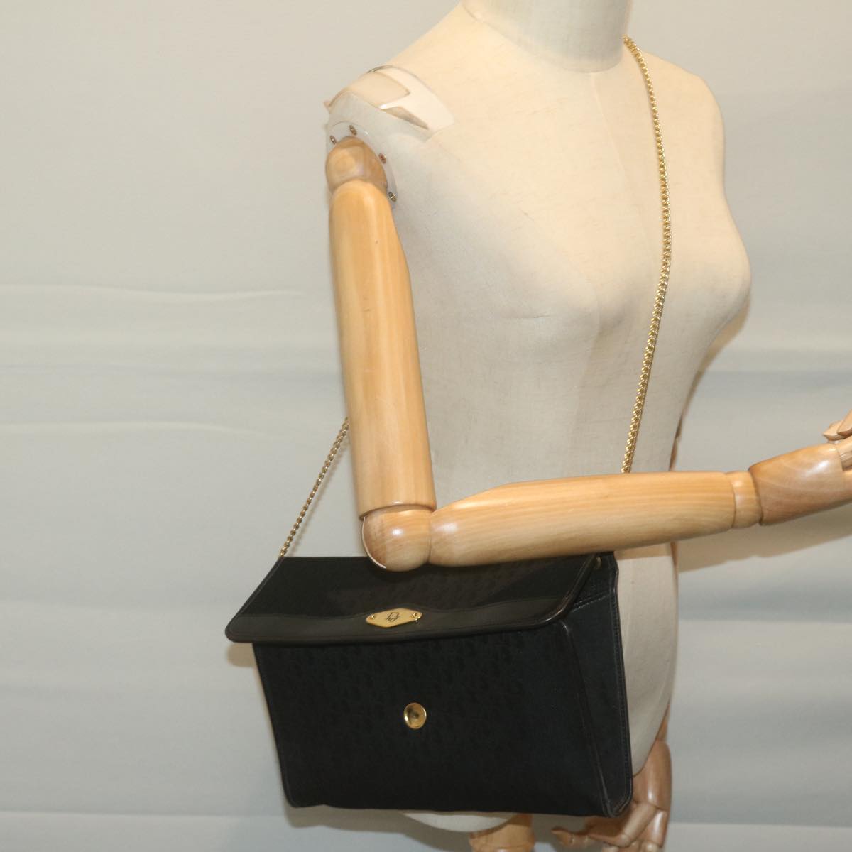 Christian Dior Trotter Canvas Chain Shoulder Bag Black Auth 65754