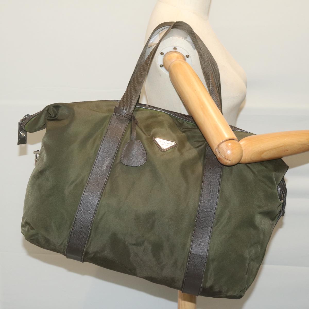 PRADA Boston Bag Nylon Khaki Auth 65845