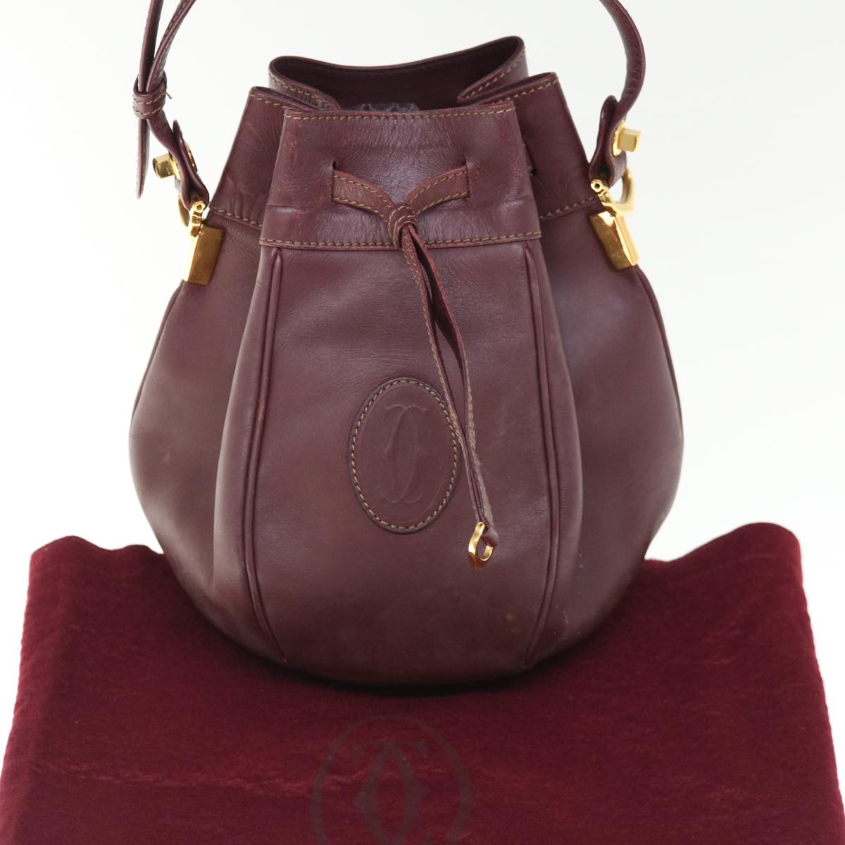CARTIER Shoulder Bag Leather Wine Red Auth 65858