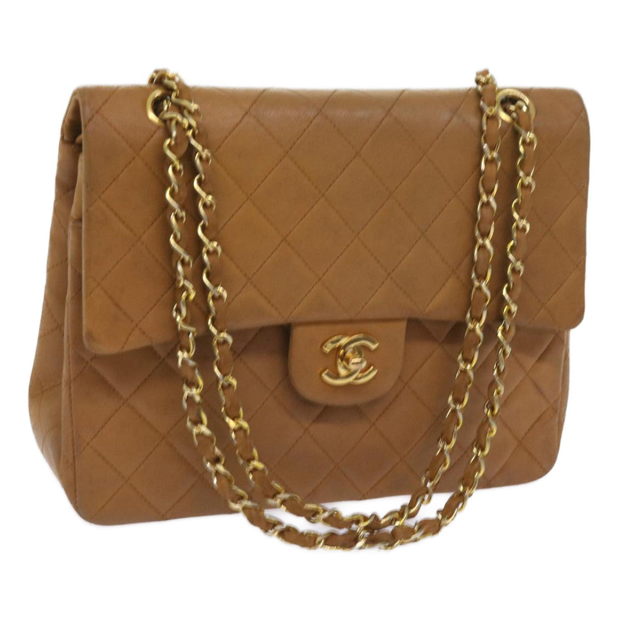 CHANEL Matelasse Turn Lock Chain Shoulder Bag Lamb Skin Brown CC Auth 65866