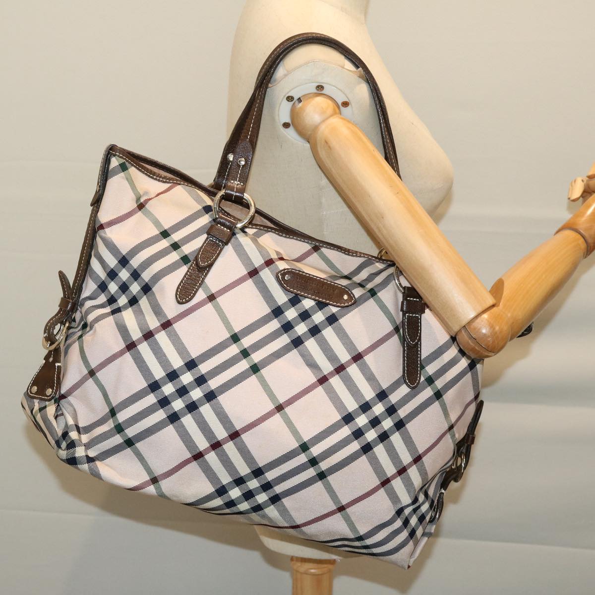 BURBERRY Nova Check Blue Label Tote Bag Pink Brown Auth 65881