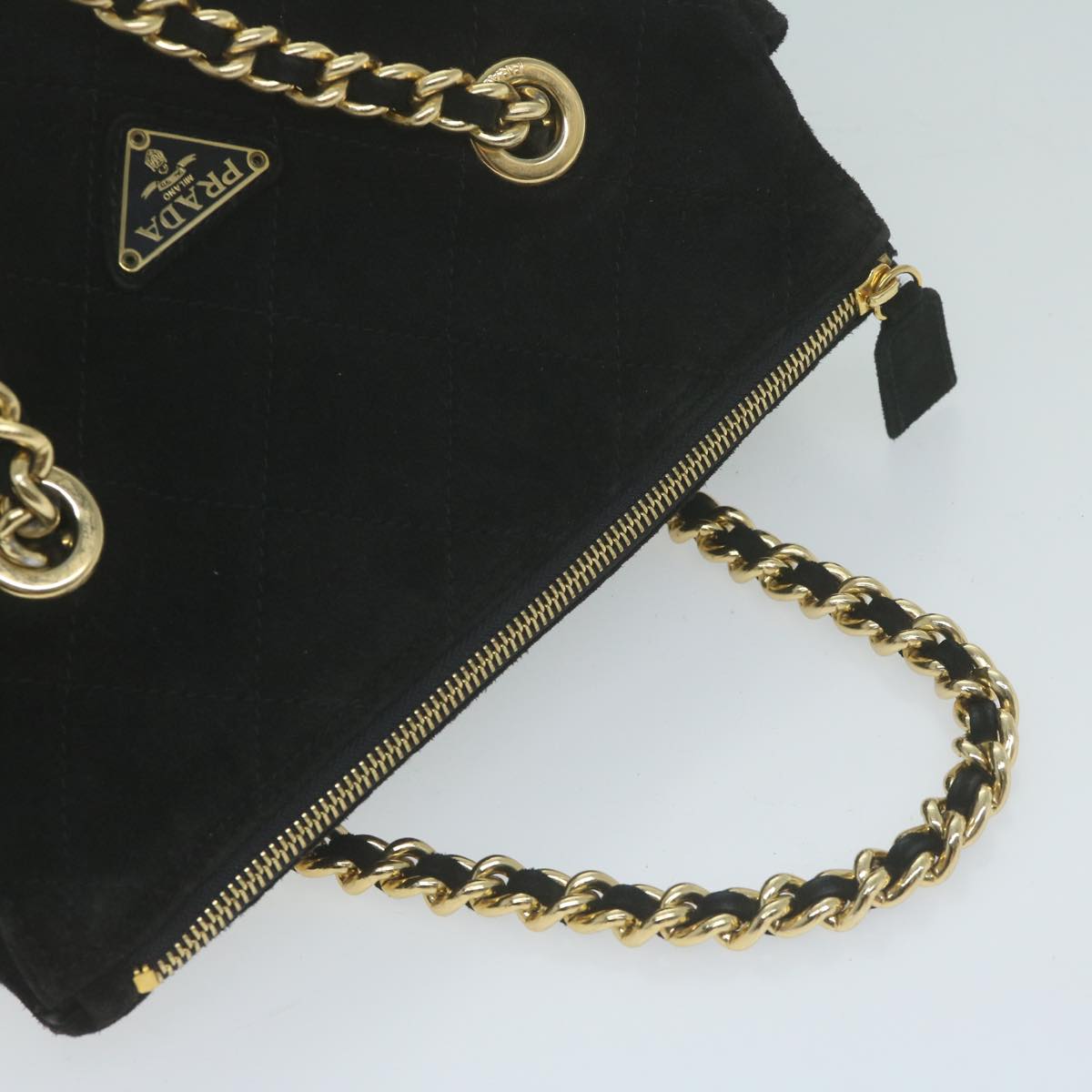 PRADA Chain Hand Bag Suede Black Auth 65891