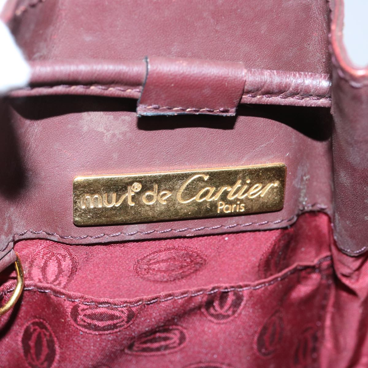 CARTIER Shoulder Bag Leather Wine Red Auth 65892