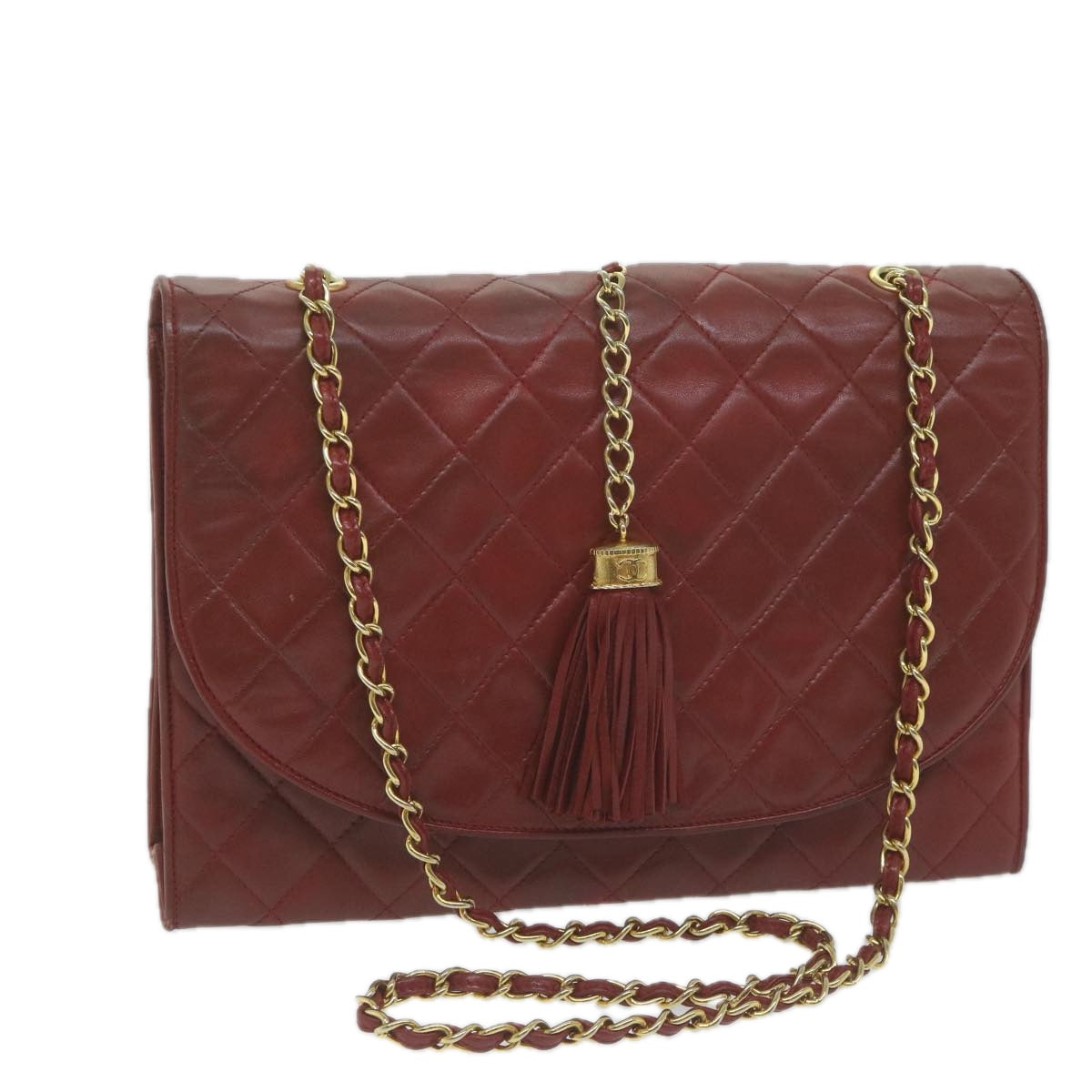 CHANEL Matelasse Chain Shoulder Bag Lamb Skin Red CC Auth 65980