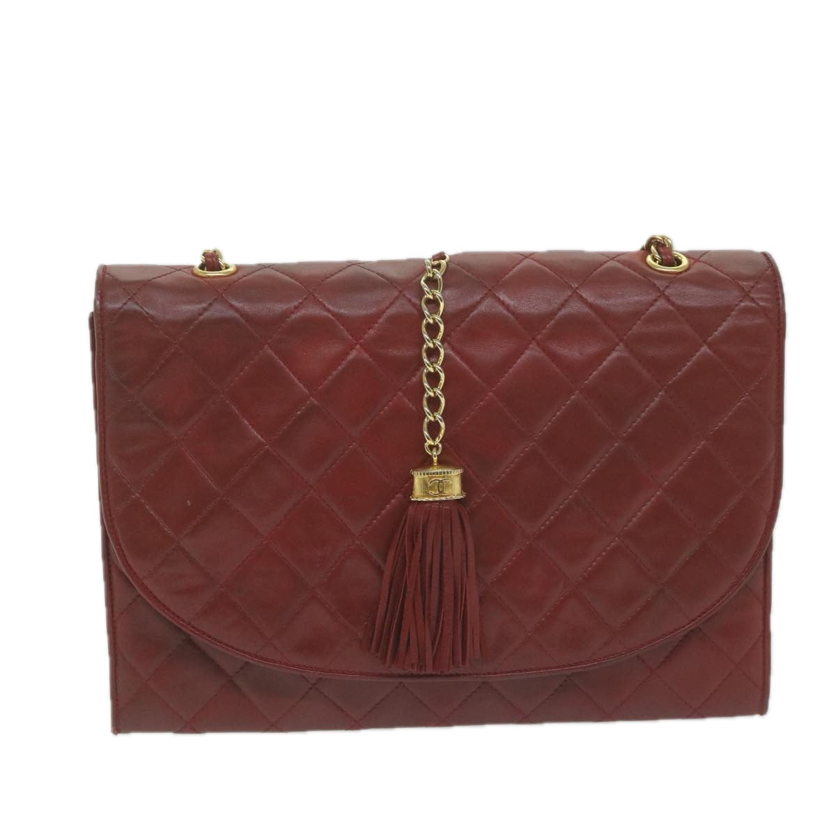 CHANEL Matelasse Chain Shoulder Bag Lamb Skin Red CC Auth 65980