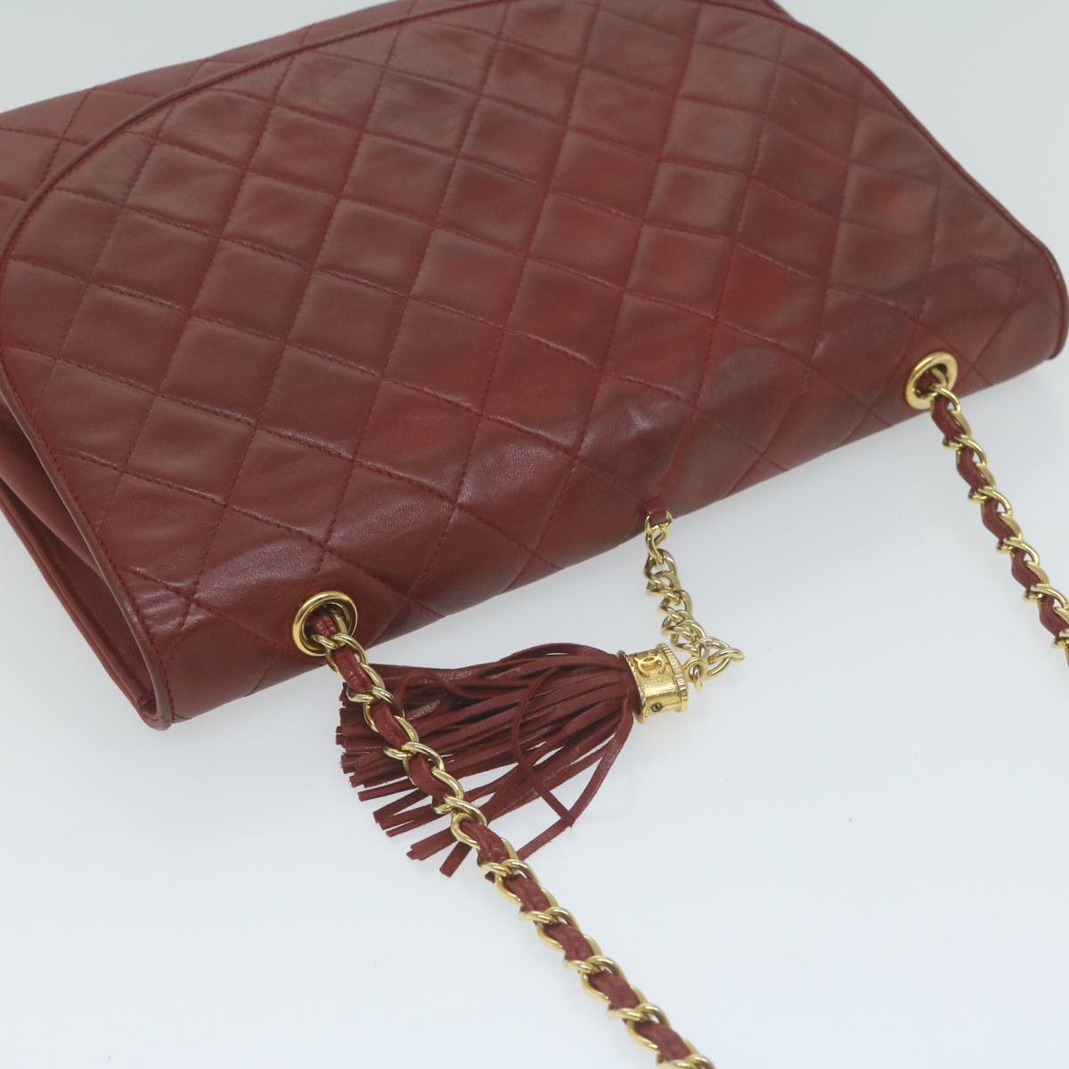 CHANEL Matelasse Chain Shoulder Bag Lamb Skin Red CC Auth 65980