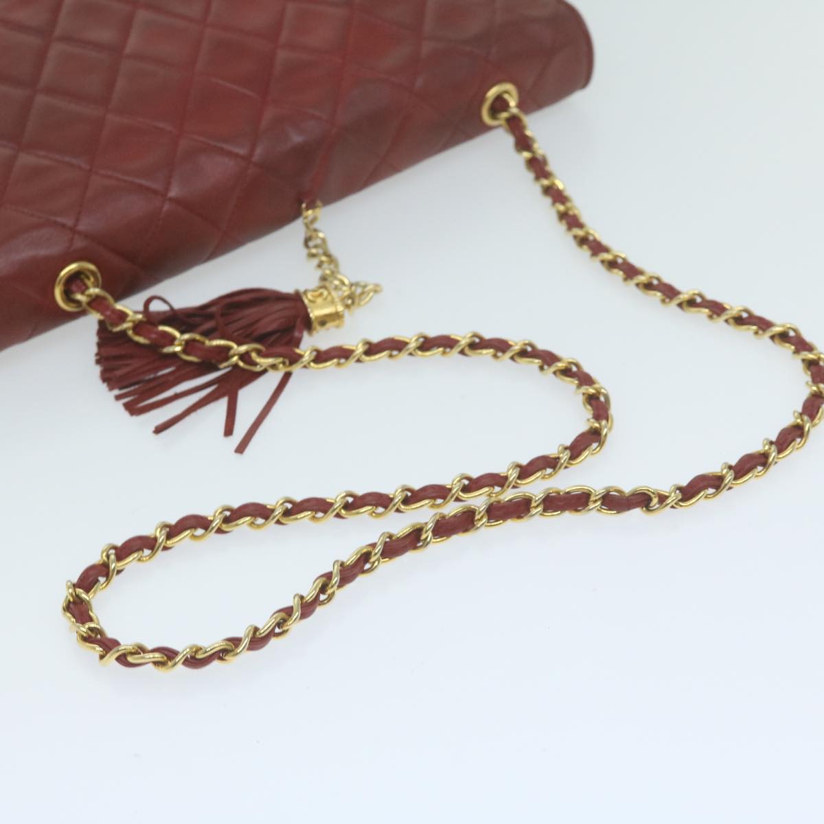 CHANEL Matelasse Chain Shoulder Bag Lamb Skin Red CC Auth 65980