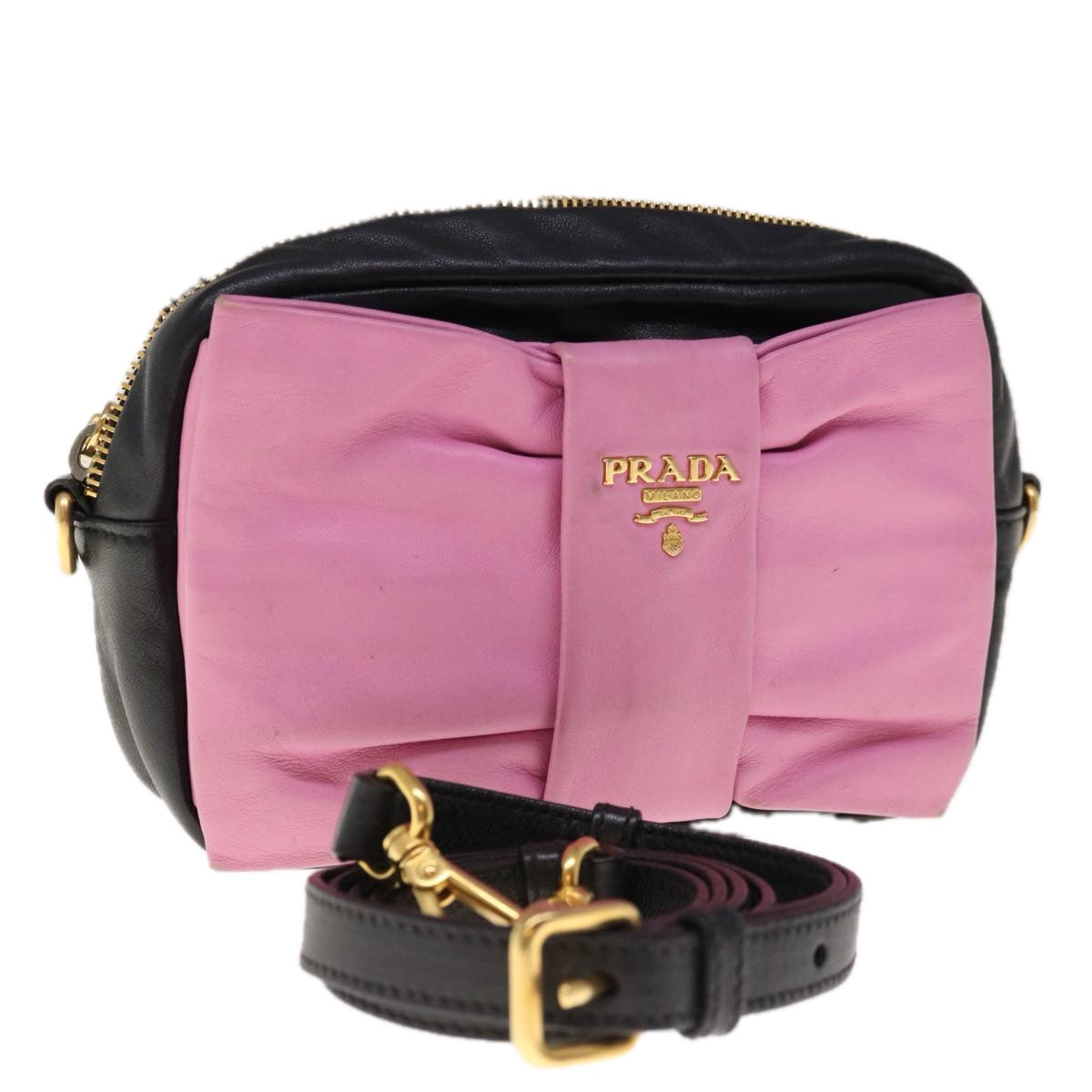 PRADA Ribbon Shoulder Bag Leather Black Pink Auth 66114