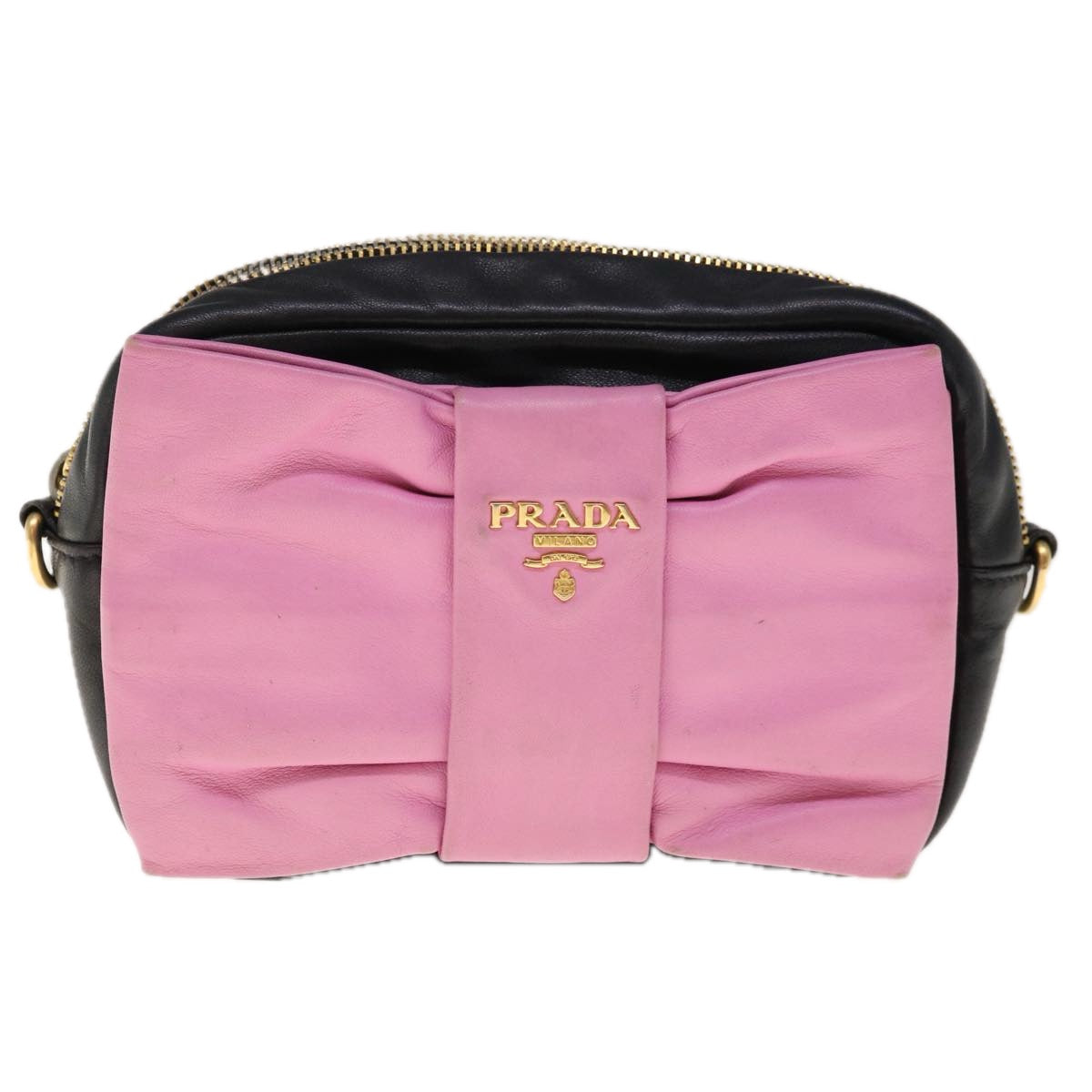 PRADA Ribbon Shoulder Bag Leather Black Pink Auth 66114