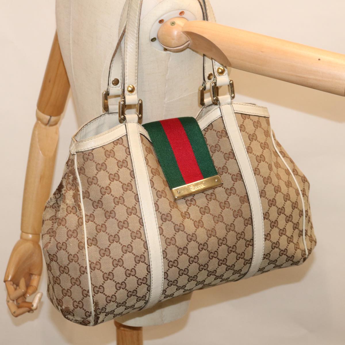 GUCCI GG Canvas Web Sherry Line Shoulder Bag Beige Green Red 233609 Auth 66150