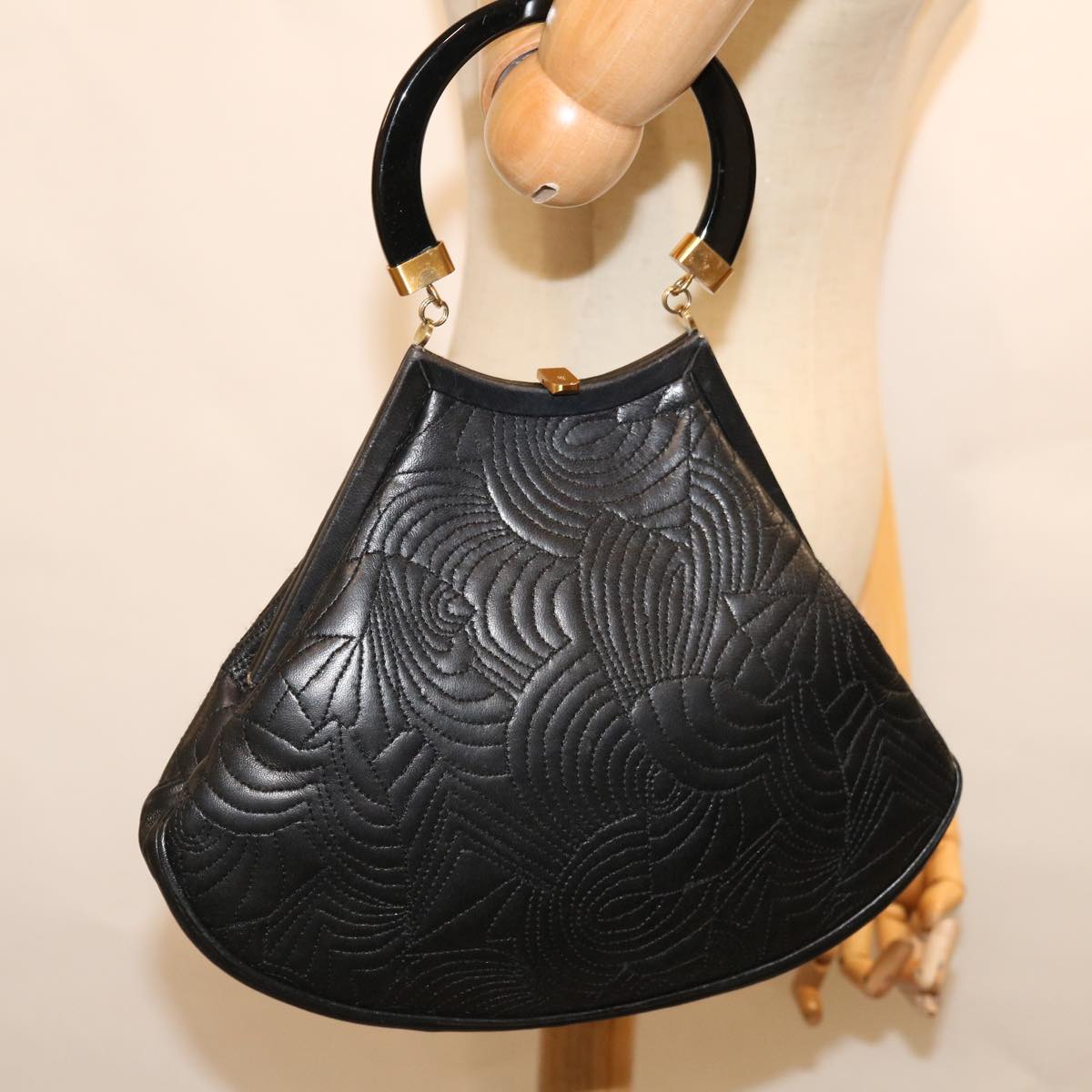 FENDI Hand Bag Leather Black Auth 66172