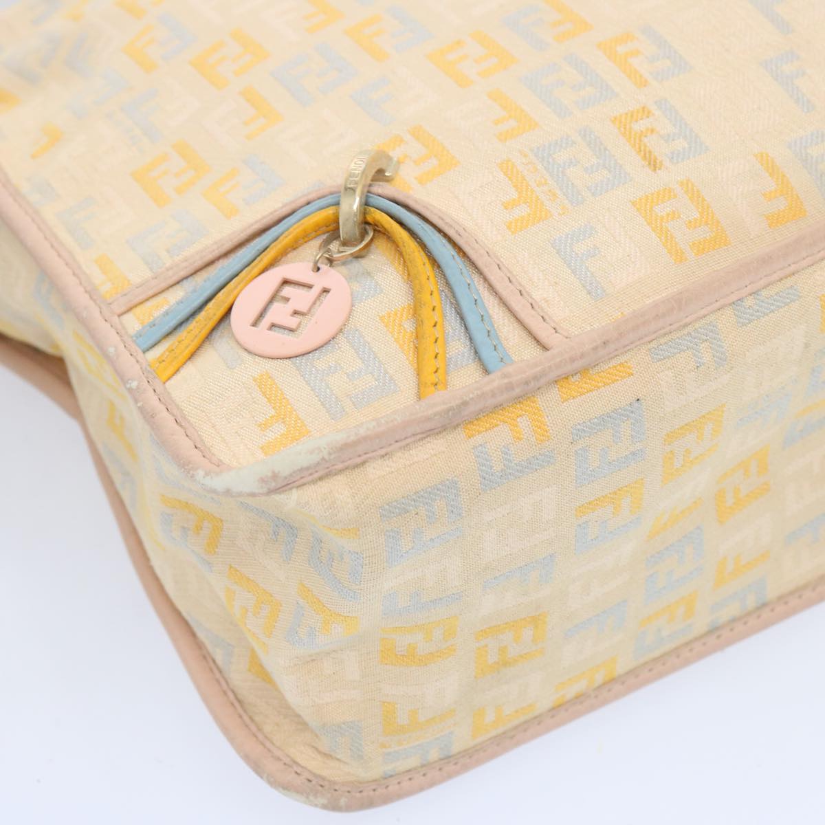 FENDI Zucchino Canvas Shoulder Bag Beige Light Blue yellow Auth 66310