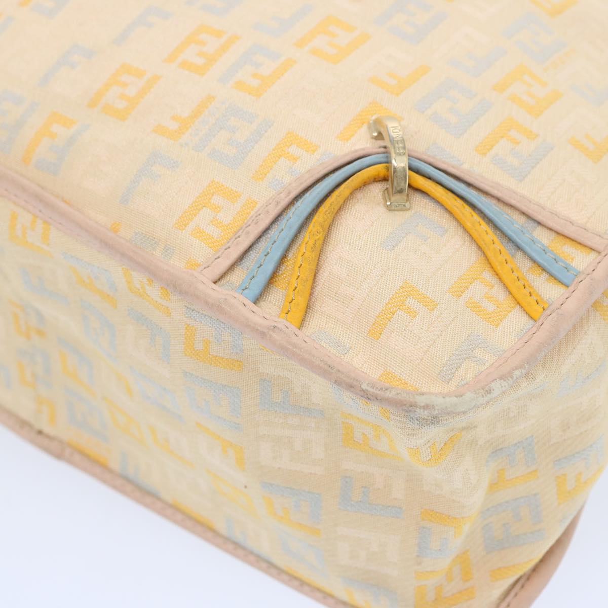 FENDI Zucchino Canvas Shoulder Bag Beige Light Blue yellow Auth 66310